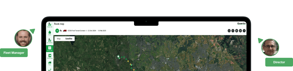 Laptop screen showing a satellite map with route information. Small circular photos labeled "Fleet Manager" and "Director" are positioned on the image's edges.