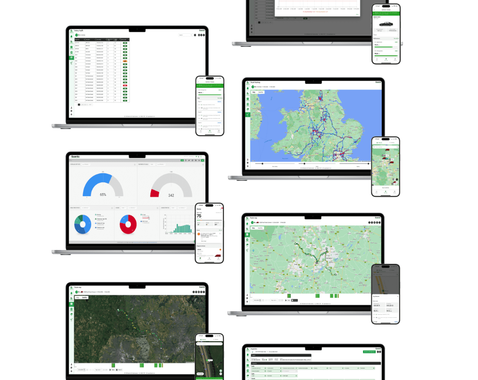 Multiple screens showing various software interfaces, including data charts, maps, and application dashboards, displayed on laptops and smartphones.