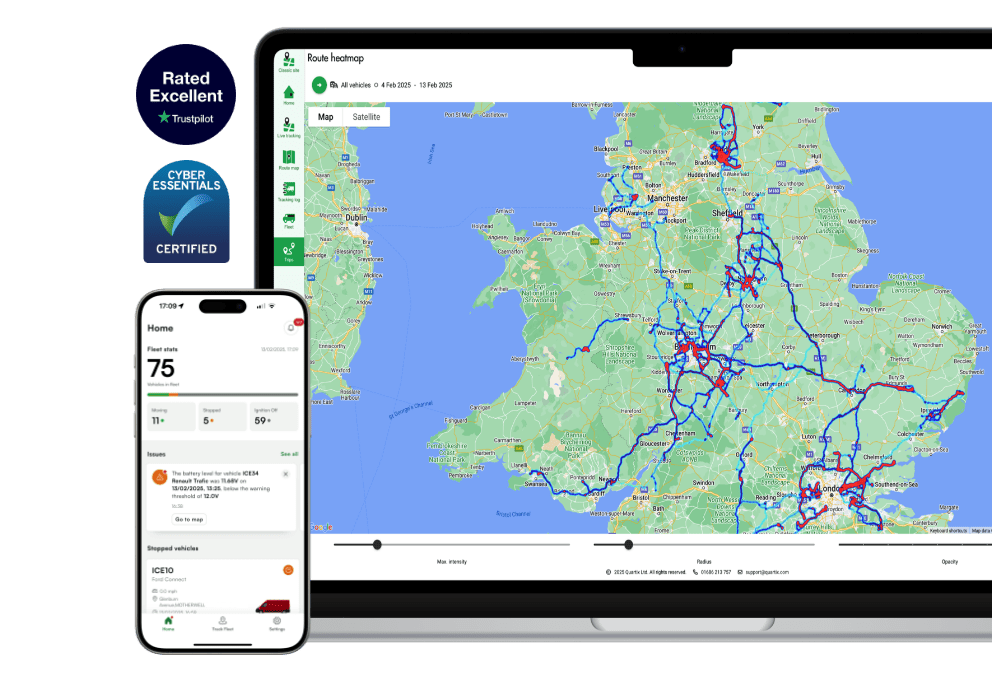 Phone and laptop screens displaying a route planning app with a map of the UK on the laptop. The phone shows route details. Badges for "Rated Excellent" and "Cyber Essentials Certified" are visible.