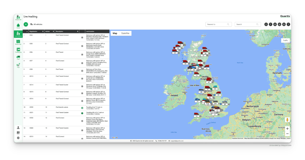 Map interface showing vehicle locations across the UK and Ireland, with a data table on the left indicating specific vehicle details and statuses.