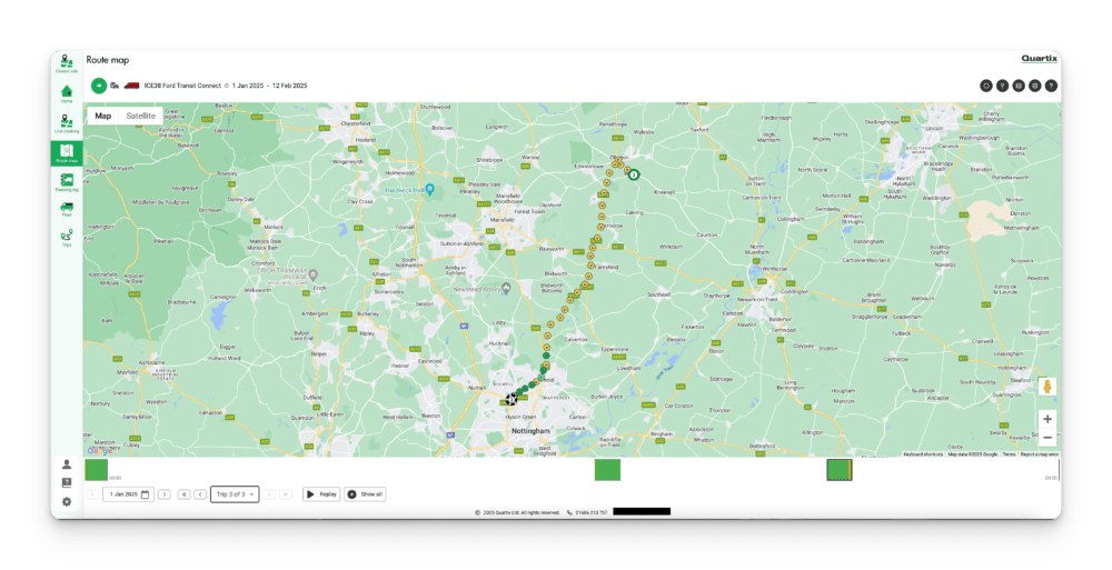 Digital map showing a travel route marked with a series of pinpoints across several towns and cities. Terrain is displayed in light green with roads, town names, and a satellite option visible.