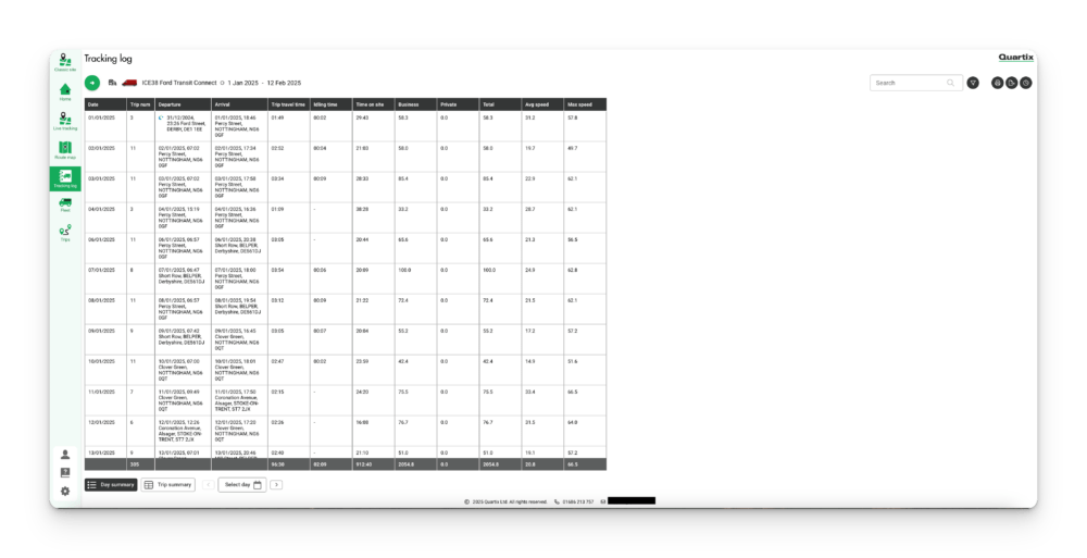 Spreadsheet displaying tracking log data with columns for shipment info, dates, times, and weights. Visible buttons on the left and top right corner for navigation and settings.