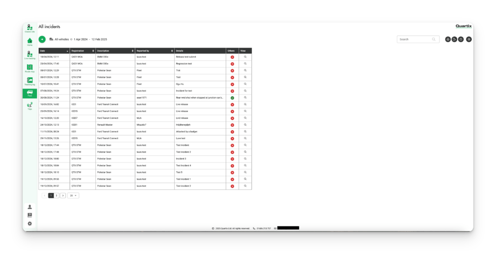 Computer screen displaying a detailed table of incident reports, listing dates, names, departments, descriptions, and status indicators with green and red icons.