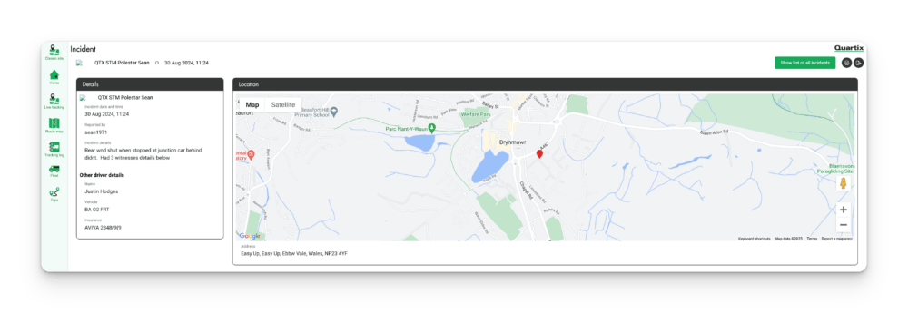 Map interface displaying an incident location with details on the left, including date, time, and status. Map shows roads and landmarks around Brynmawr, marked with a red pin.