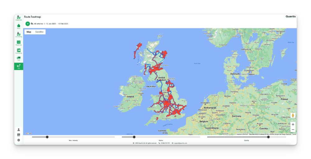 A digital map shows a heatmap of routes across the UK and Ireland, with red lines indicating paths and connections.