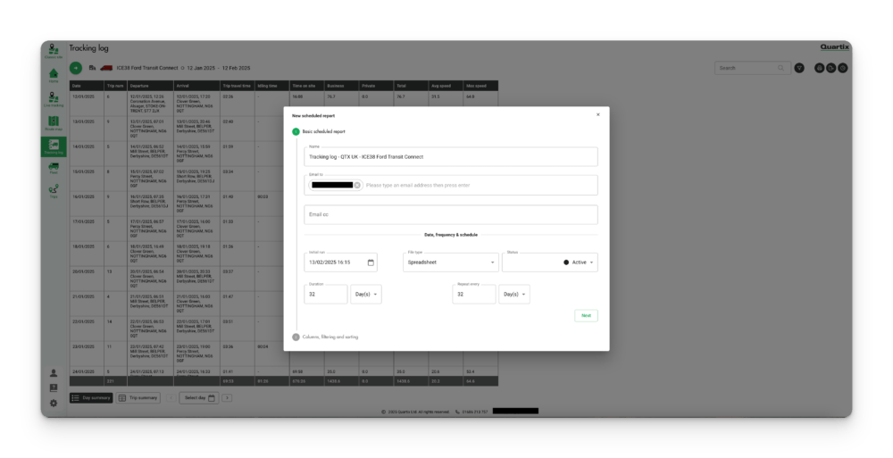 Tracking log interface featuring a popup window titled "Timeline Manager" with fields for tracking ID, date range, and time zone options. The background shows a table with multiple rows of data.