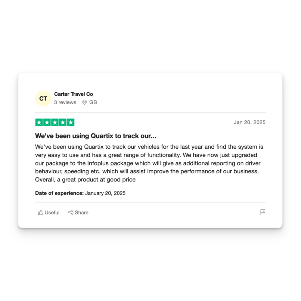 Customer review on Quartix, dated January 20, 2025, praising ease of use and functionality. Mentions upgrading to the InfoPlus package for better driver behavior analysis and improved business outcomes.