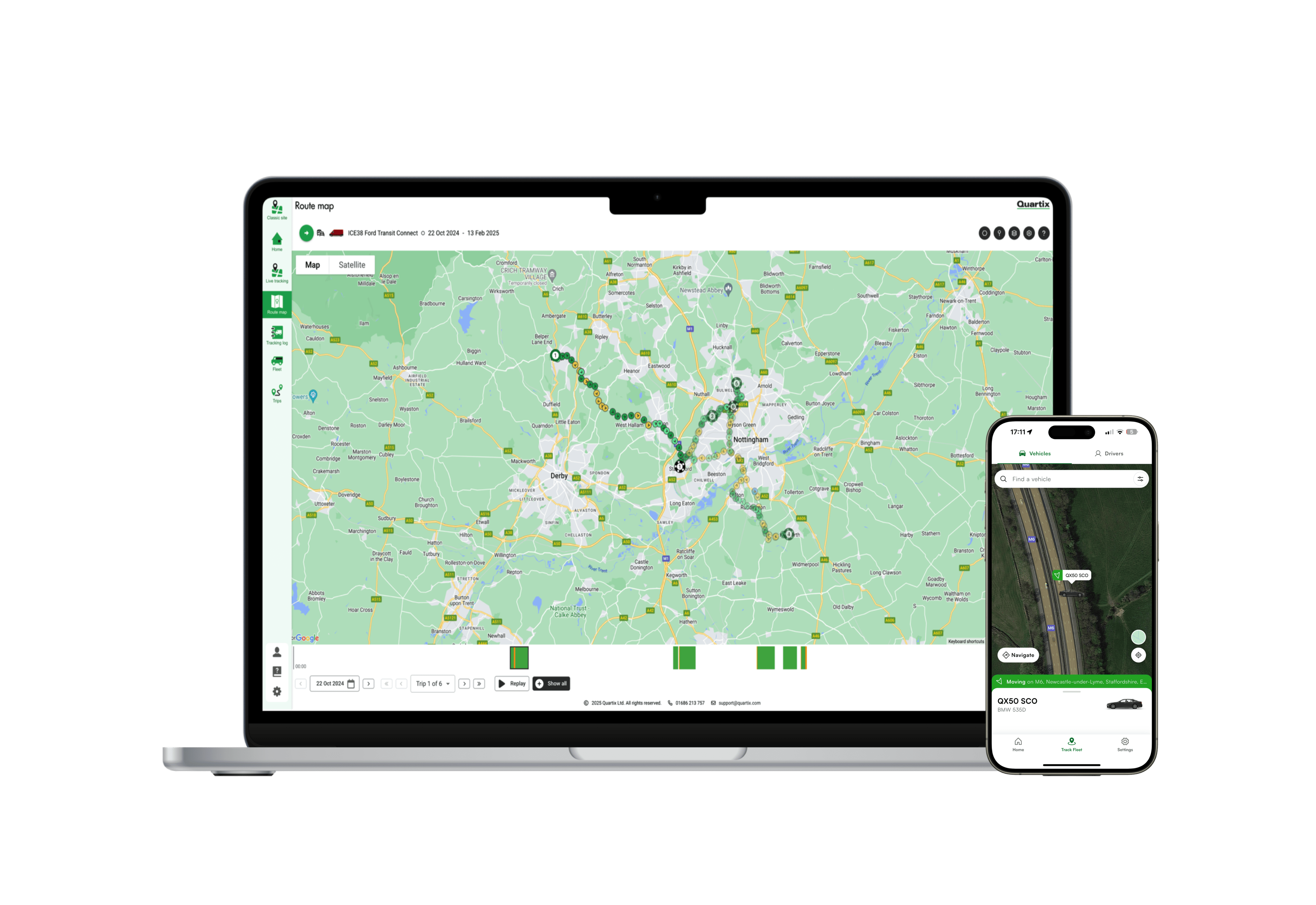 A laptop and smartphone display a digital map with marked routes and data, showing a transportation tracking system interface.