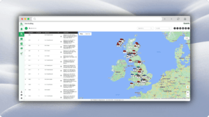 A computer screen displays a map of the United Kingdom and parts of Europe with several location markers alongside a table listing different events and dates.