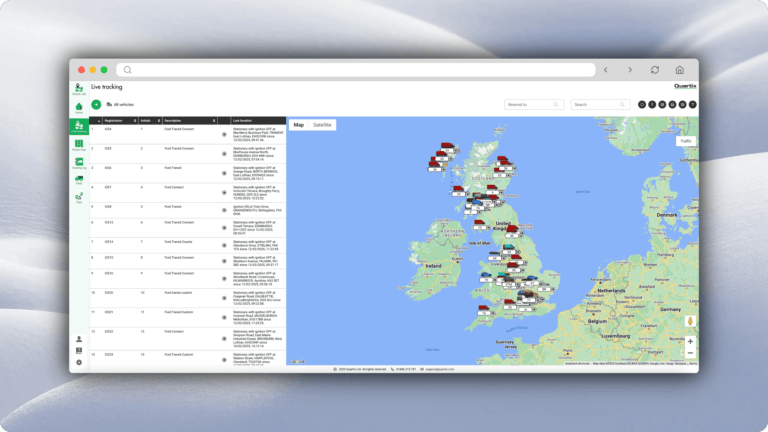 A computer screen displays a live tracking map with various labeled markers over the UK and Ireland, alongside a table listing details of specific sites.