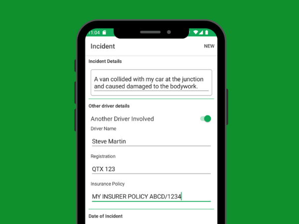 A smartphone screen displays an accident report form. It includes details of a collision with a van, involving a driver named Steve Martin, with vehicle registration QTX 123.